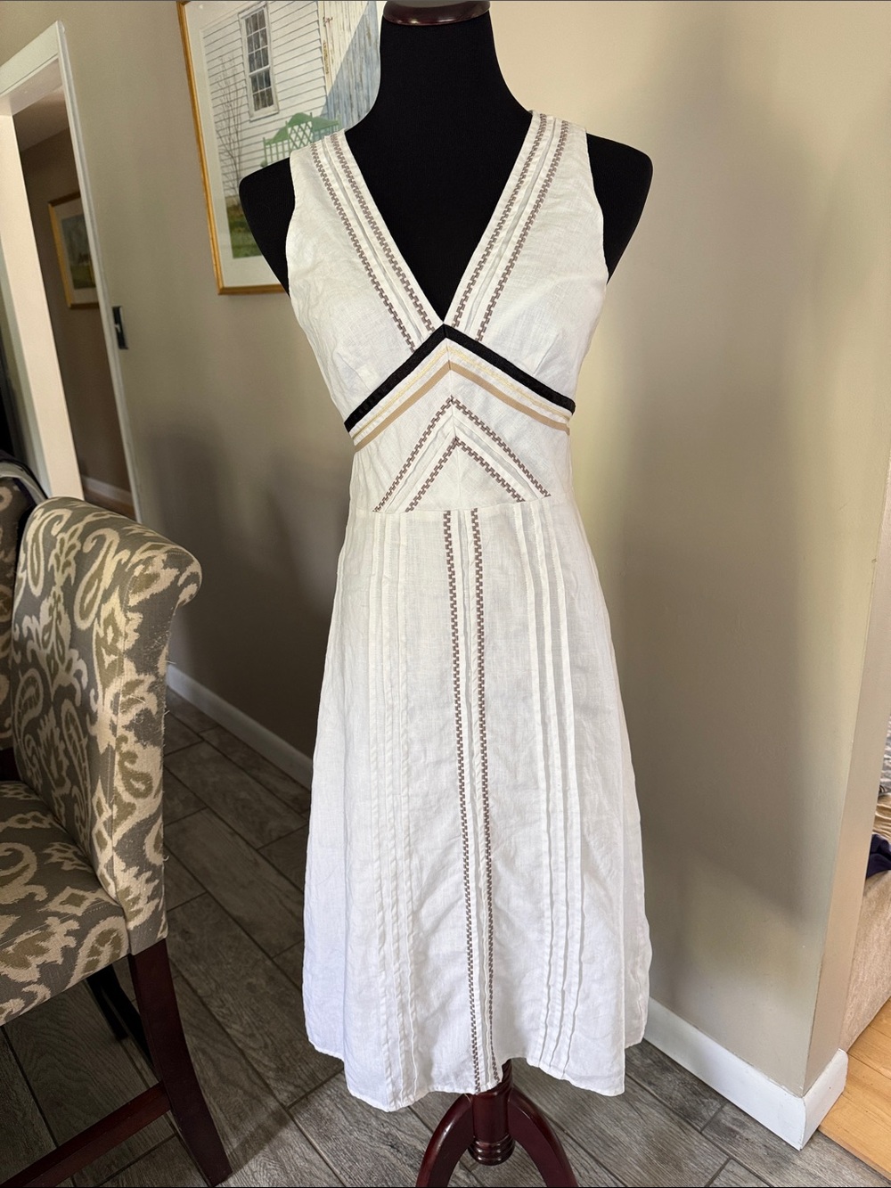 Reiss White V-Neck Midi Dress with Black and Tan Trim